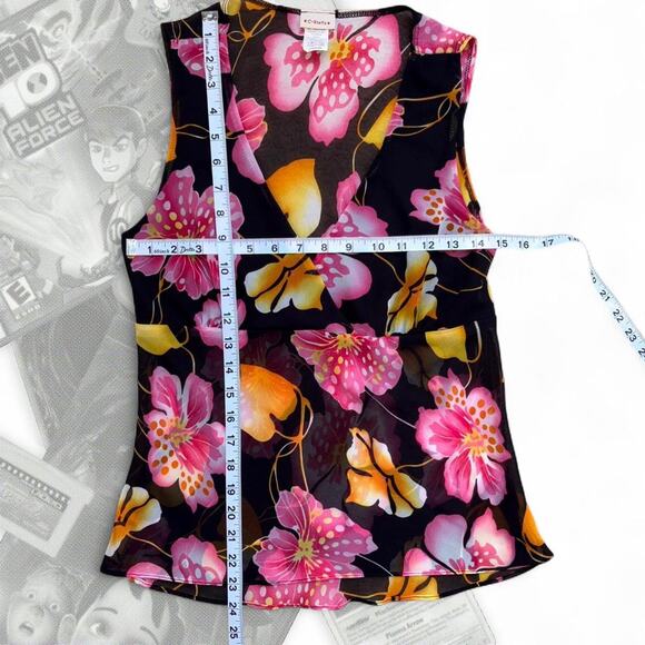 Y2K Black Tropical Floral Print V Neck Top - Picture 6 of 6